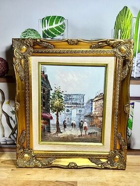 Vintage Oil Painting Parisian Street Gold Tone Ornate Frame 13" x 15"